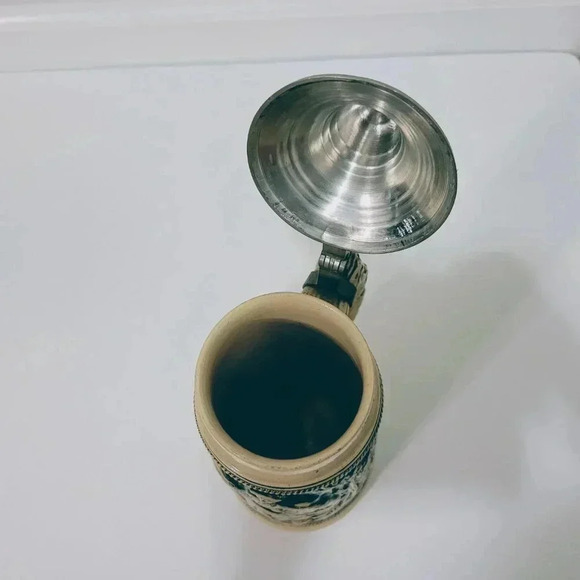 Egon Bay German Beer Stein Zinn Pewter Lidded 10 3/4" Porcelain Hunters Meeting - Picture 5 of 8